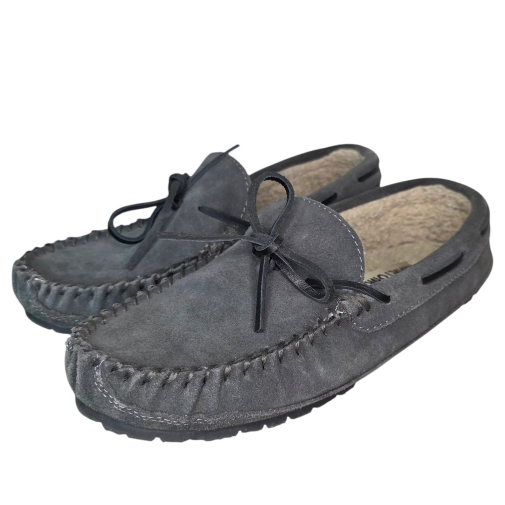 Minnetonka Moccasin Slippers Mens 7 Gray Suede Faux Fur Lined Driving Moc Comfor